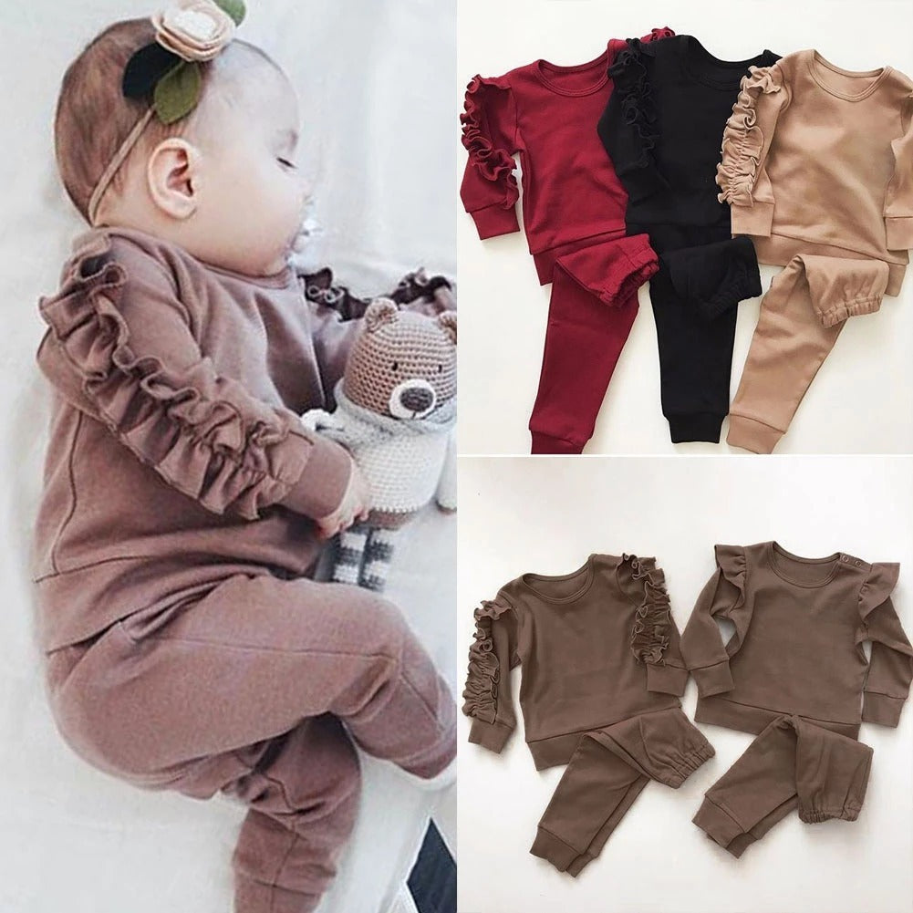 Newborn Baby Boys & Girls Ruffles Jumper – Solid Long Sleeve Sweatshirt & Pants 2-Piece Outfit Set for Fall