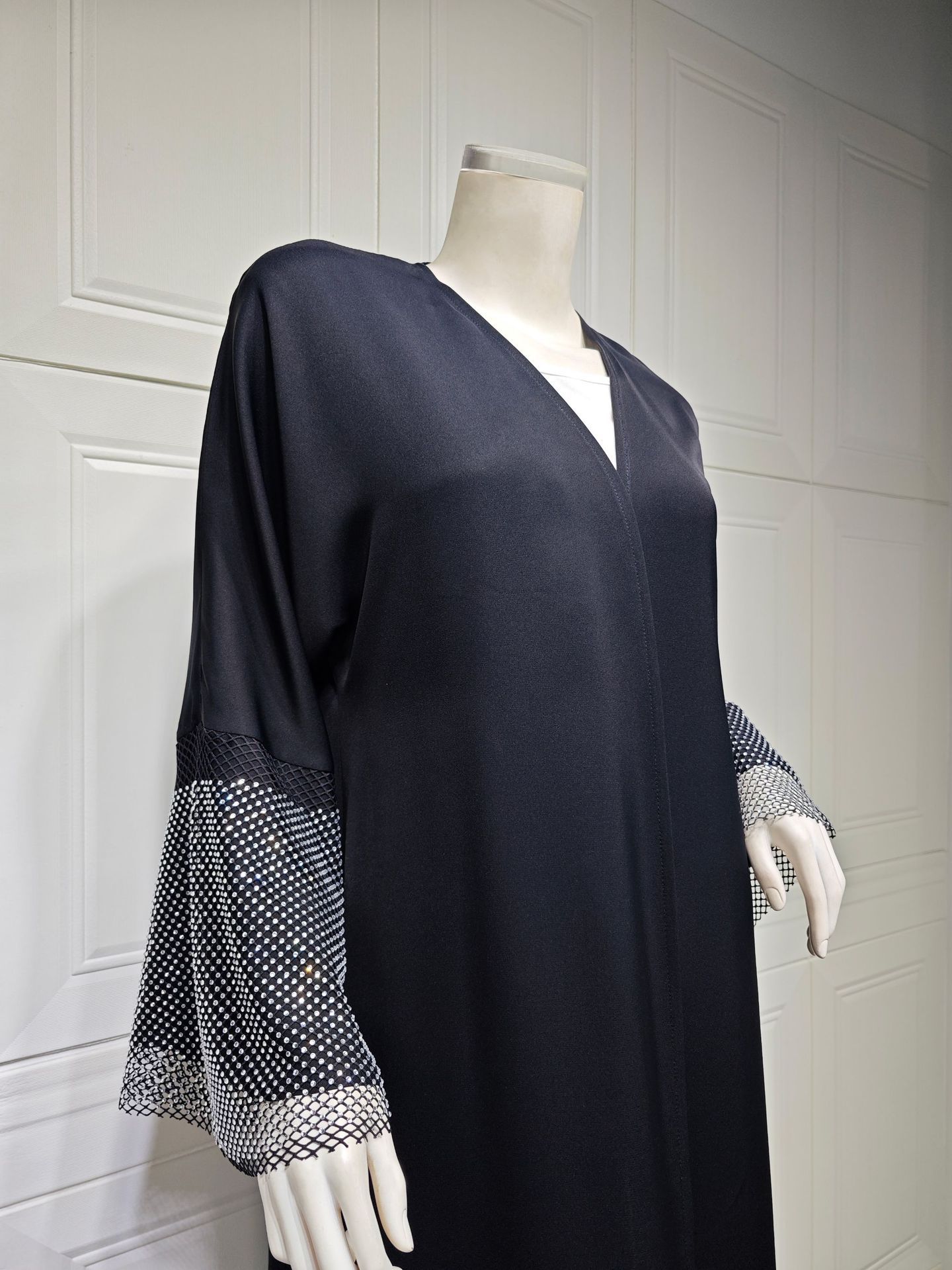 MQ085 Muslim Women's Stretch Diamond Mesh Abaya – Modest Open Cardigan Robe