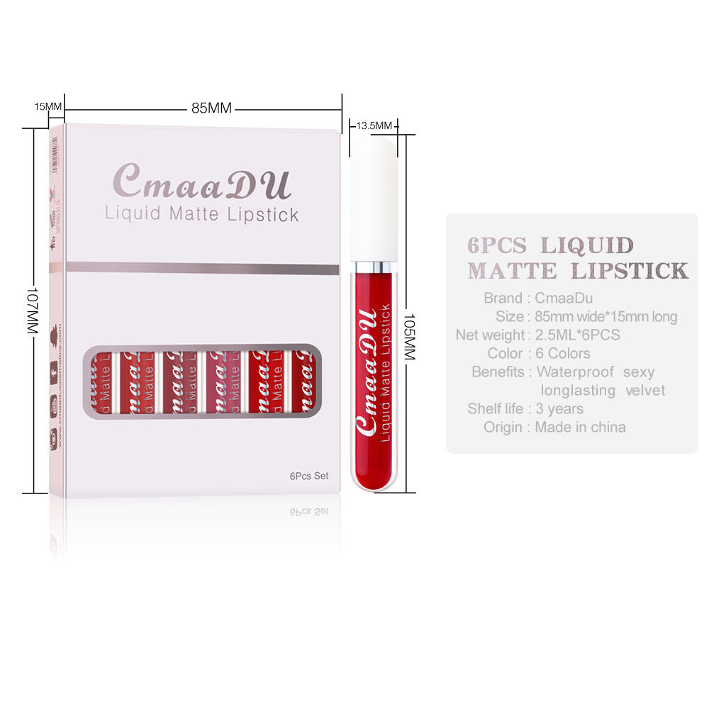 6-Box Set Matte Waterproof Lipstick – Non-Stick, Long-Lasting Lip Gloss