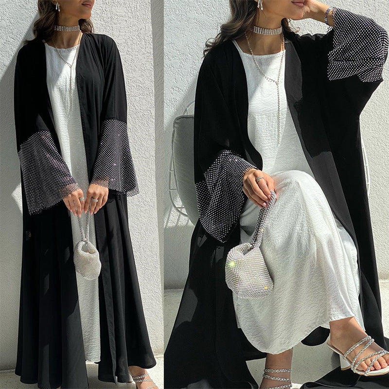 MQ085 Muslim Women's Stretch Diamond Mesh Abaya – Modest Open Cardigan Robe