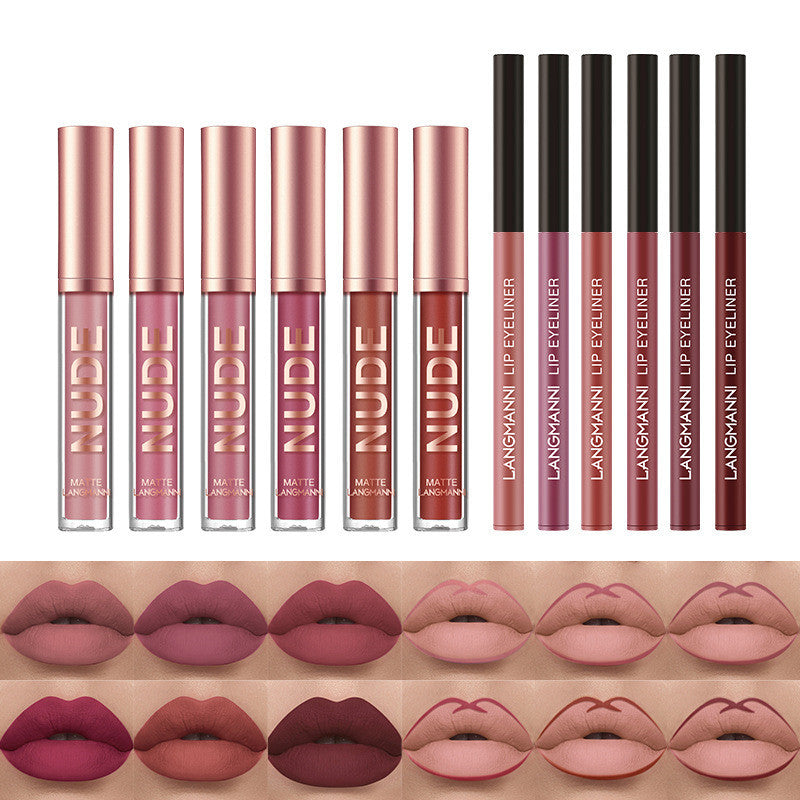 Lip Liner & Lipstick Set – 12 Pcs | 6 Matte Lipsticks + 6 Lip Liners | Waterproof & Long-Lasting | Beauty Gift for Girls