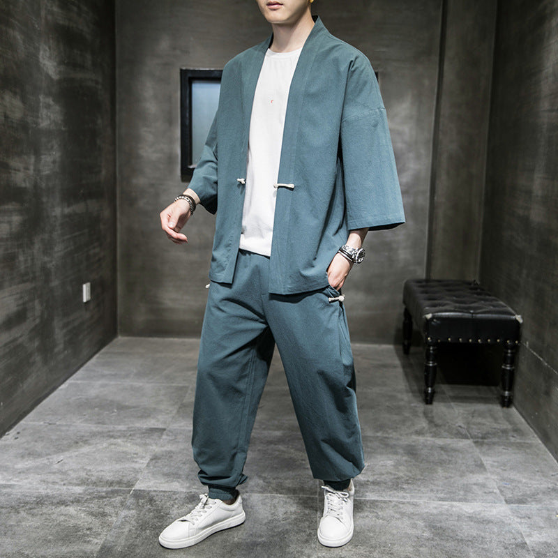 Men’s Chinese Style Linen Suit – Hanfu Robe & Loose Cardigan
