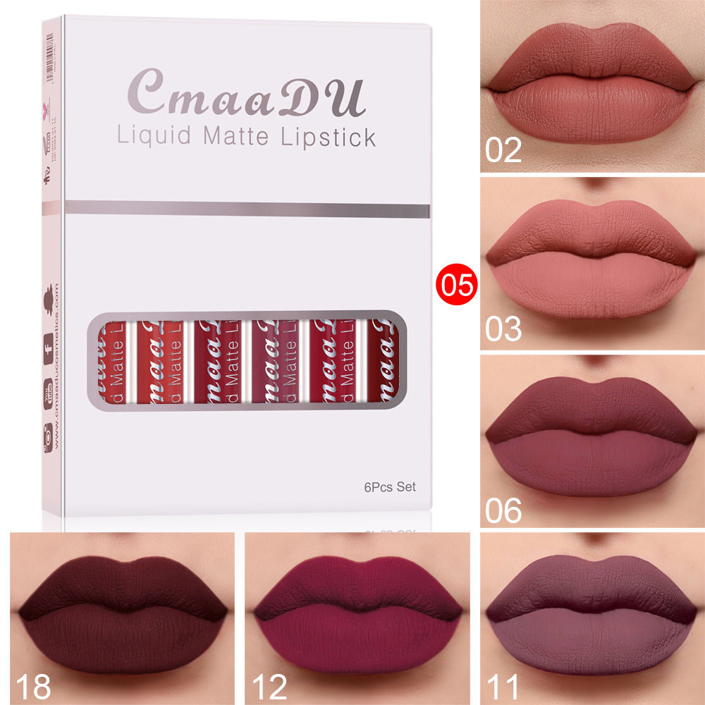 6-Box Set Matte Waterproof Lipstick – Non-Stick, Long-Lasting Lip Gloss