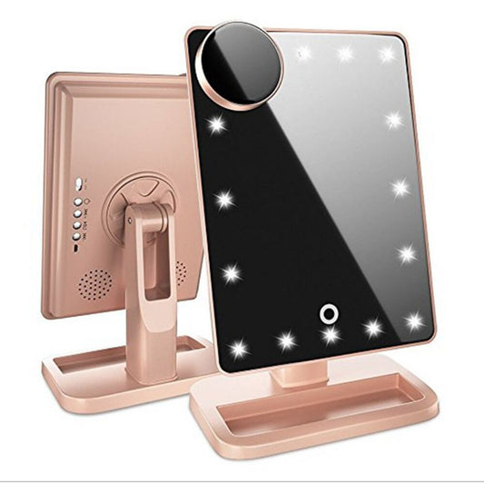 Touch Screen LED Makeup Mirror with Bluetooth Speaker & 10X Magnification – 20 LED Lights for Perfect Beauty Routine