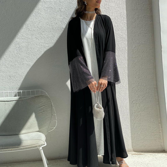 MQ085 Muslim Women's Stretch Diamond Mesh Abaya – Modest Open Cardigan Robe